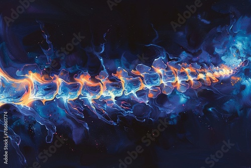 Glowing spine, deep blue medical art