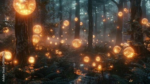 Glow: A mystical scene with glowing orbs floating in a dark forest