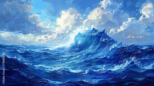 Geometric ocean waves, dynamic blue blocks,