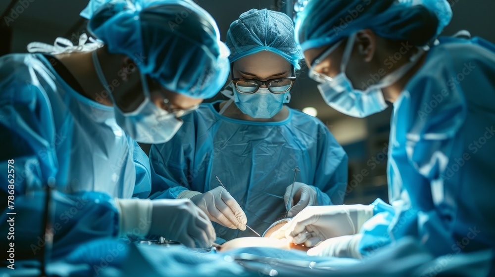 Low Angle Shot in the Operating Room, Assistant Hands out Instruments to Surgeons During Operation. Surgeons Perform Operation. Professional Medical Doctors Performing Surgery. Low Angle Shot in the Operating Room, Assistant Hands out Instruments to Surgeons During Operation. Surgeons Perform Operation. Professional Medical Doctors Performing Surgery.