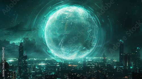 A glowing  translucent orb hovering above a futuristic cityscape