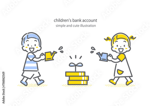 お金について学ぶ子供たち　シンプルでお洒落な線画イラスト