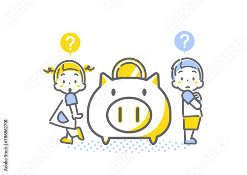 お金について考える子供たち　シンプルでお洒落な線画イラスト