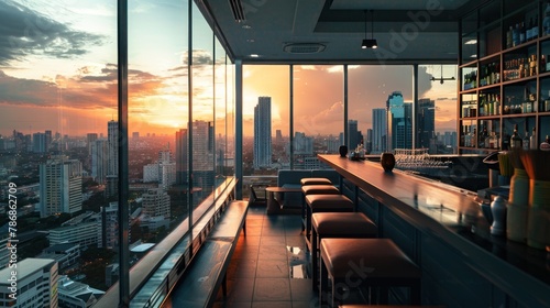 An office building rooftop bar providing stunning views of the city below. 