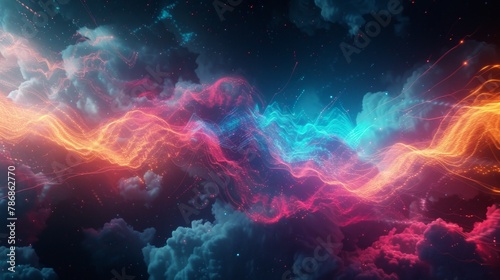 Colorful Glowing Particles: Abstract Background with Sound Wave Rhythm © AB.dsgn