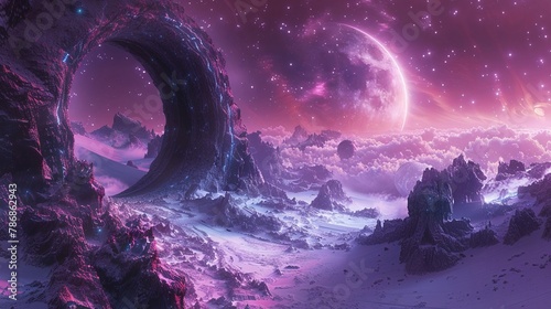 Infuse a panoramic illustration with otherworldly details, inviting viewers to question what lies beyond the dream realm Let the design hint at interconnected parallel universes, 