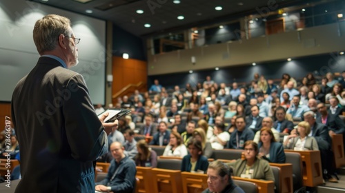 A corporate executive addressing employees at a company-wide meeting in an office auditorium. 