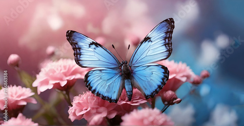 Floral spring natural landscape with wild pink lilac flowers on meadow and fluttering butterflies on blue sky background ai generative © Nazia