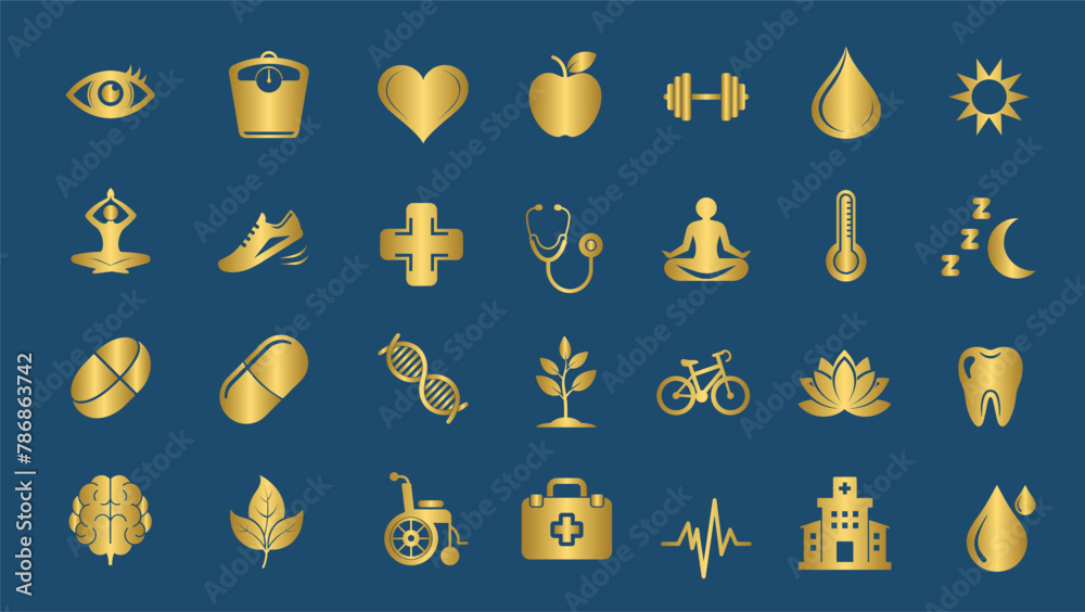 Golden health and wellness icons Golden health and wellness icons