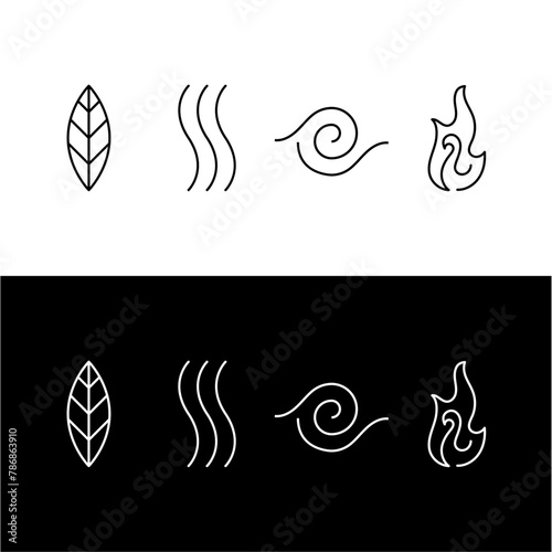 four 4 elements nature earth wind air water fire outline icons set pack minimal design vector web print illustration black white background