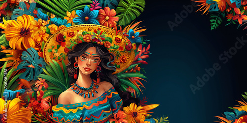 Beautiful Mexican woman in mexican sombrero. Vector illustration