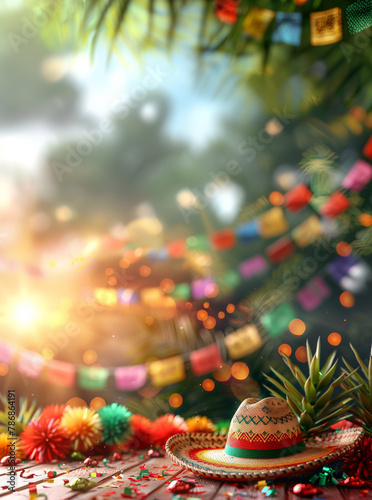 Cinco de mayo background with sombrero pine branch and garland