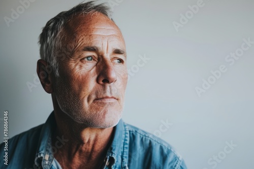 Portrait of a serious senior man looking at the camera. Grey background.