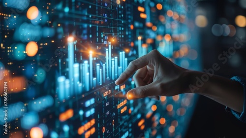 Trailblazing entrepreneur creating growth graph line with hologram data icon on virtual screen