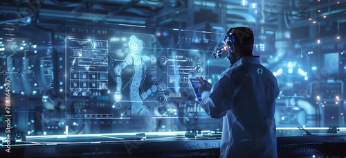 A futuristic industrial setting with robotic arms and digital screens, showcasing the integration of AI in advanced production