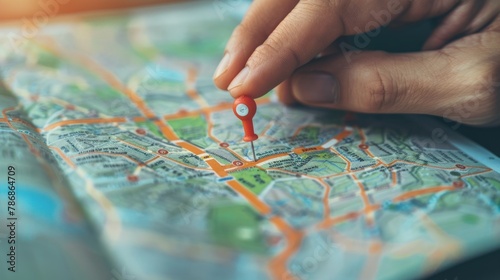A person holding a pin location map and pointing to a specific area of interest.