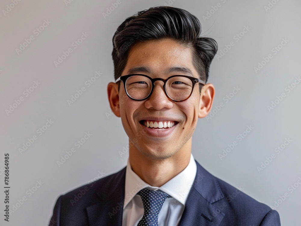 Asian finance professional in smart attire beaming smile