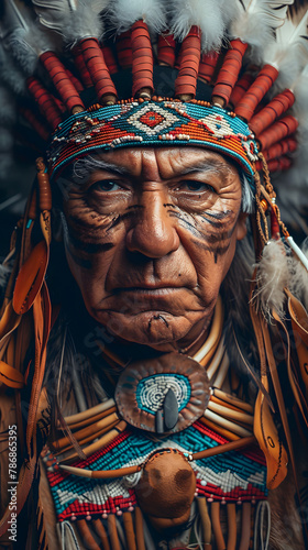 Closeup of tribal chief in a native american headdress at cultural event