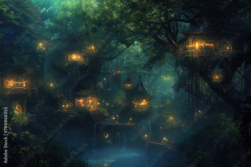 A fantasy scene of a hidden elven city in an ancient forest, with magical treehouses and glowing lights. Resplendent.