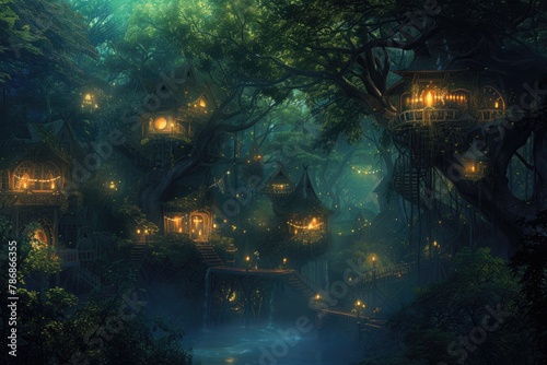 A fantasy scene of a hidden elven city in an ancient forest  with magical treehouses and glowing lights. Resplendent.