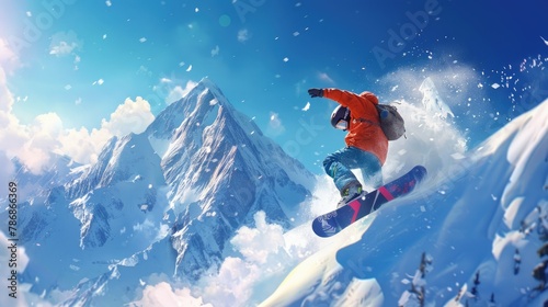 Craft a vivid scene of a snowboarder catching air in the high mountains on a bright and clear day