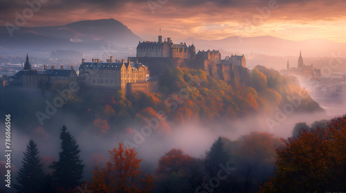 Scottish Majesty: Edinburgh Castle Soars Above the City in Mist photo