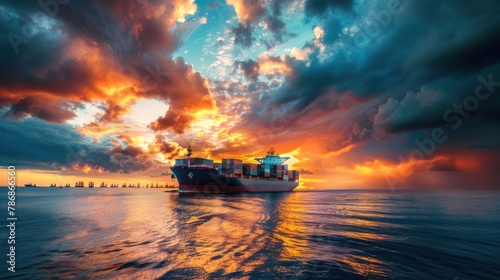 A cargo ship entering the port under a dramatic sky. 