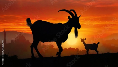 silhouette of a horse in the sunset  silhouette of a goat on a farm for eid-ul-adha