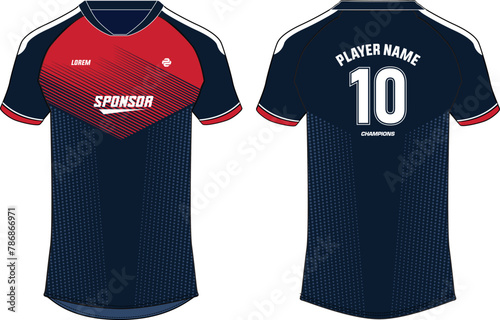 Sports jersey t shirt design flat sketch illustration, Abstract pattern V neck raglan sleeve Football jersey concept with front and back view for Soccer, Cricket, Volleyball, Rugby, badminton uniform