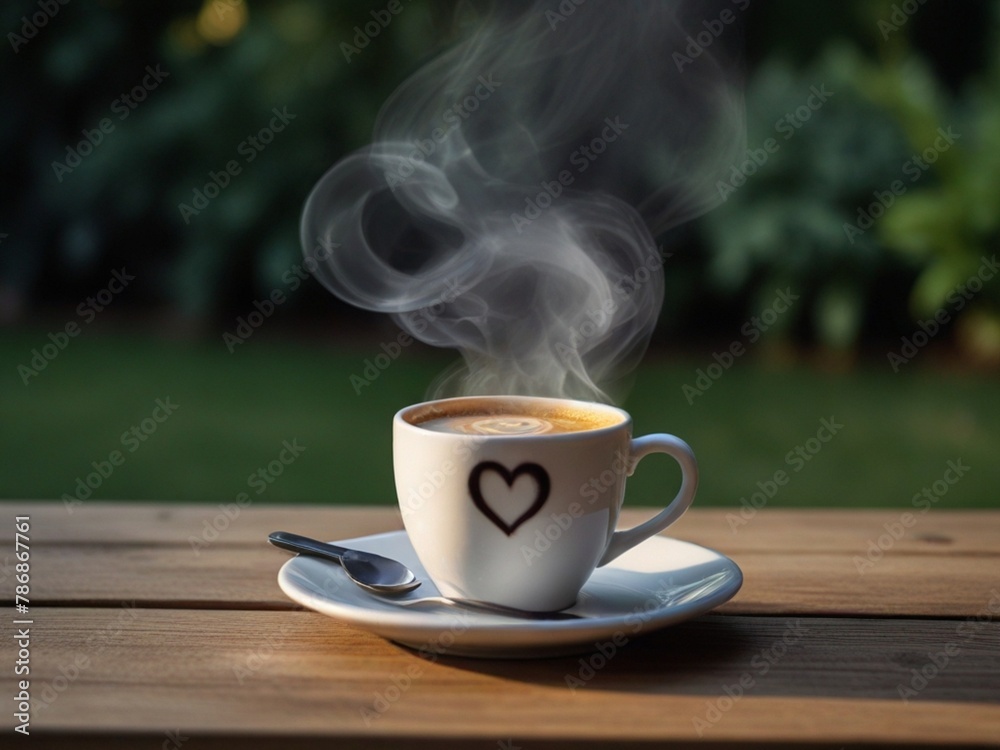 Concept Coffee Cup, Mug, hot drink, espresso, breakfast. close-up natural steam smoke of coffee from hot coffee. served on wooden table in morning warm on the green garden. outdoor background. Love s Concept Coffee Cup, Mug, hot drink, espresso, breakfast. close-up natural steam smoke of coffee from hot coffee. served on wooden table in morning warm on the green garden. outdoor background. Love s