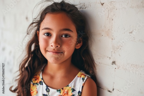 Portrait of a cute little girl with long curly hair against a white brick wall.