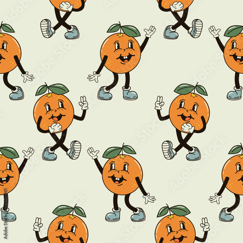 A seamless pattern with funny, cute and smiling orange character in a groovy style vector illustration