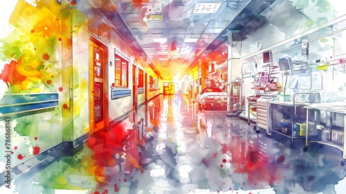 Hospital Corridor Bustling with Activity at Golden Hour, Infused with Watercolor Splashes