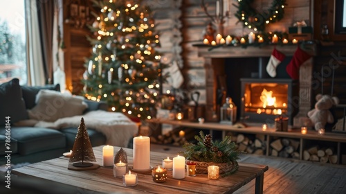 Scandinavian themed Christmas decorations in a cozy home setting with a table adorned with candles and a decorated tree