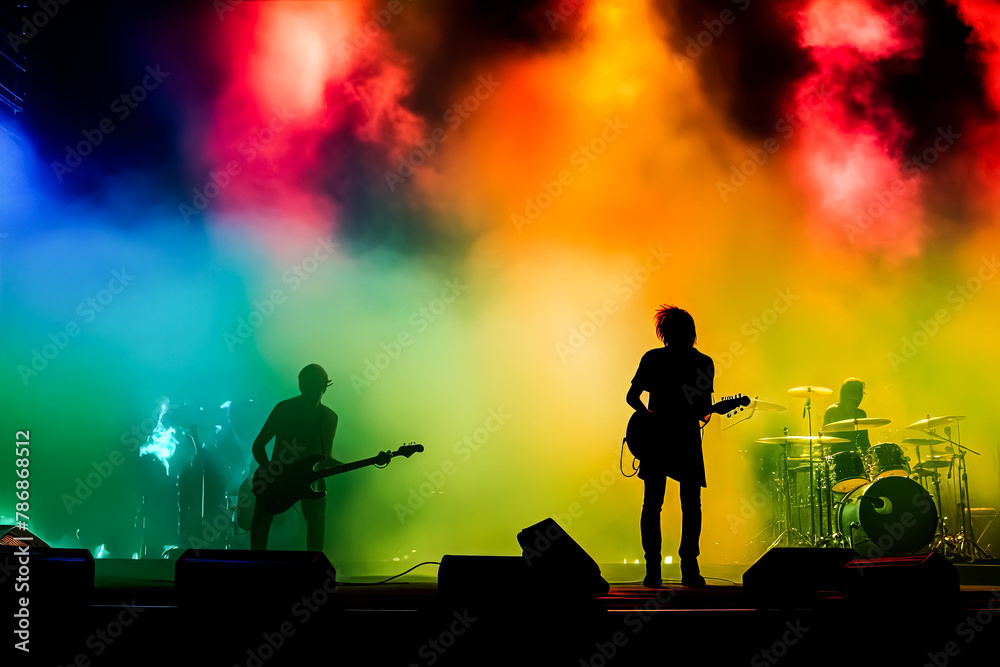 A band of three musicians playing instruments in front of a colorful smoke backdrop.