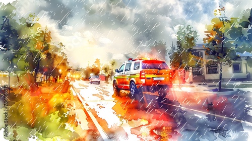 Emergency Vehicle in Rainy Urban Scenario, Watercolor and Dynamic Lighting photo