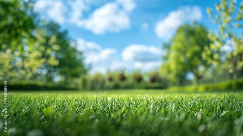 Spring Landscape View: Trees, Well-Kept Lawn, Blue Sky, Clouds, Bright Sunny Day