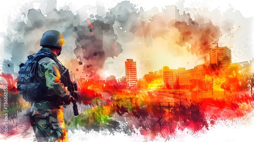 Soldier in tactical gear surveys smoky cityscape in watercolor, evoking urgency and preparedness