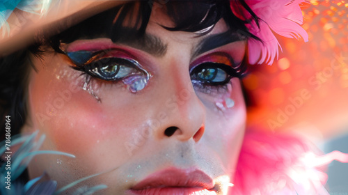 Retrato close-up drag queen vestida de cowboy, moda kitsch camp hombre maquillado with color full hairs and eyes 