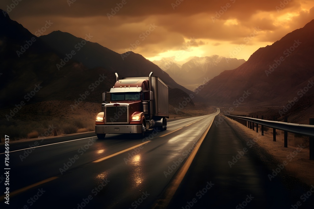 Truck on the highway in the evening