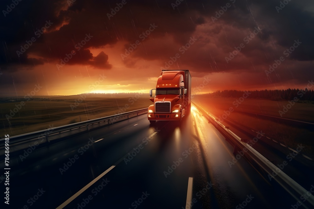 Truck with container on highway, cargo transportation