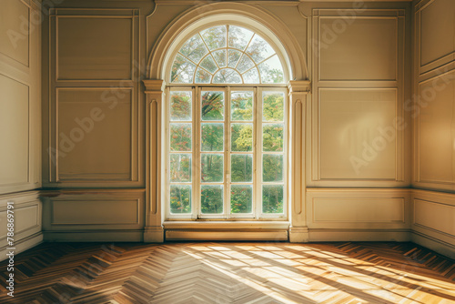 Sunlight bathes a luxurious room, streaming through the ornate window onto the elegant parquet flooring