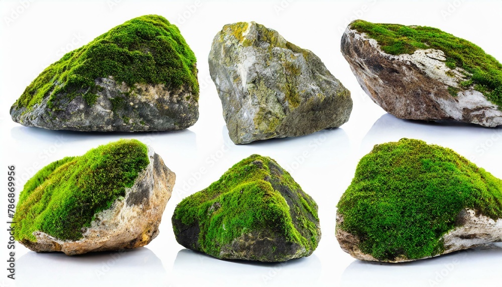 Set of moss-covered rocks cut out White background. Set of moss-covered rocks cut out White background.