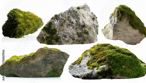 Set of moss-covered rocks cut out White background.