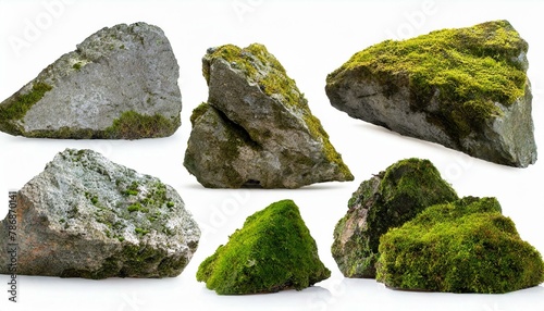 Set of moss-covered rocks cut out White background.