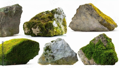 Set of moss-covered rocks cut out White background.