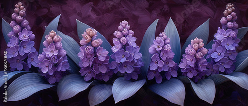 purple flowers with green leaves on a purple background photo