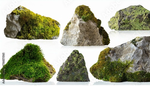 Set of moss-covered rocks cut out White background.