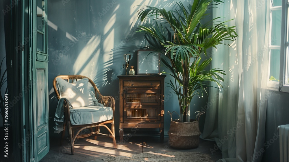 Fototapeta premium In the heart of a sunlit sanctuary, a living room unfolds with timeless elegance.