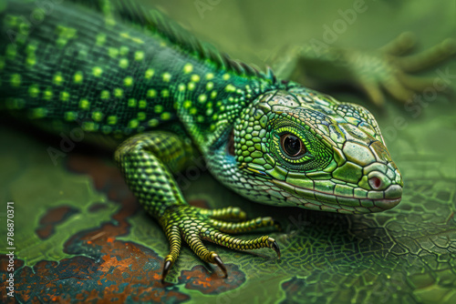 Intense Green Lizard Perching on a Textured Leaf in the Wild